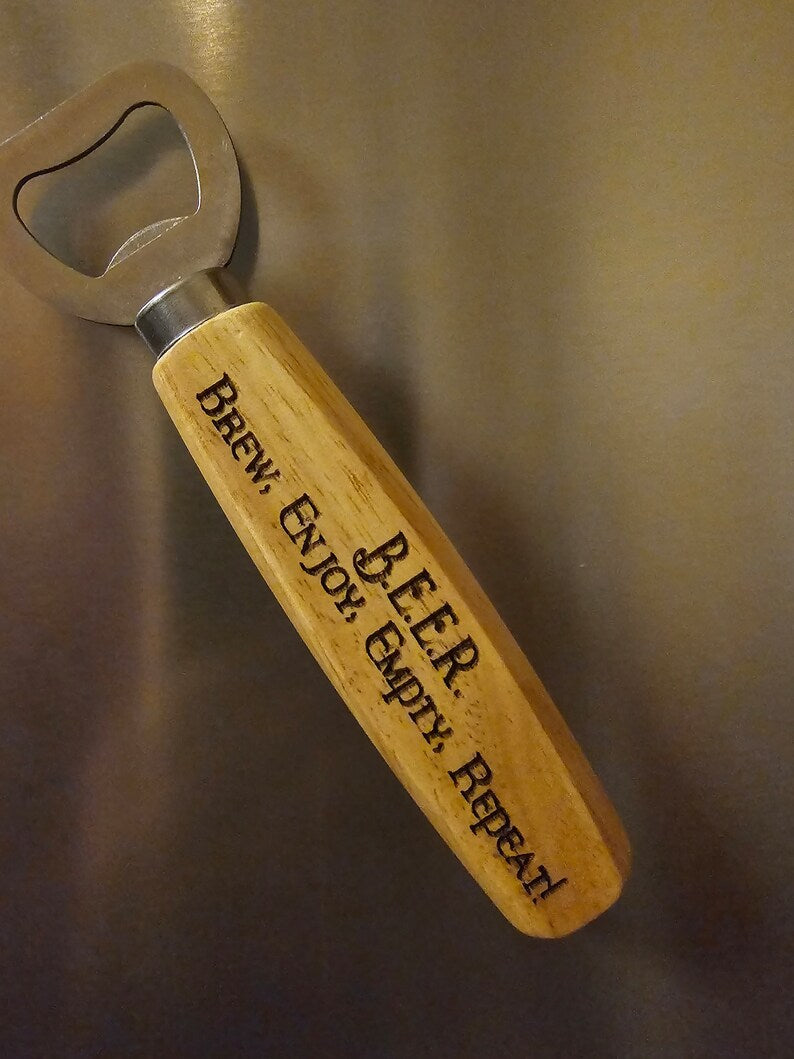 Laser Engraved Wooden and Stainless Steel Bottle Opener Gift Idea Birthday, Stocking Stuffer, Yankee Swap Gift