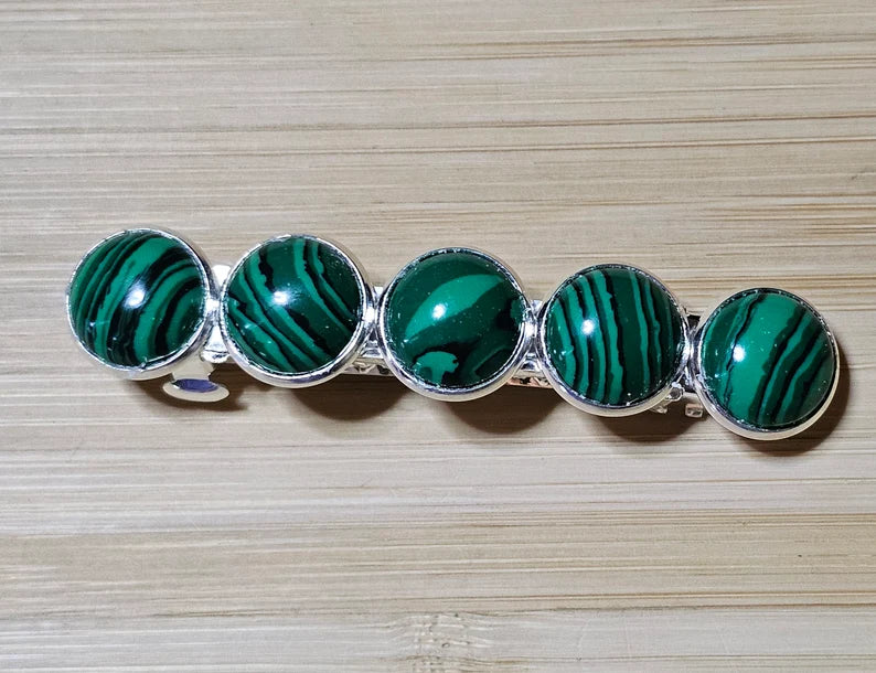Malachite Green French Barrette - Elegant Silver Hair Clip Accessory for Weddings, Bridesmaid, Hair Jewelry, Crystal Mother's Day Gift