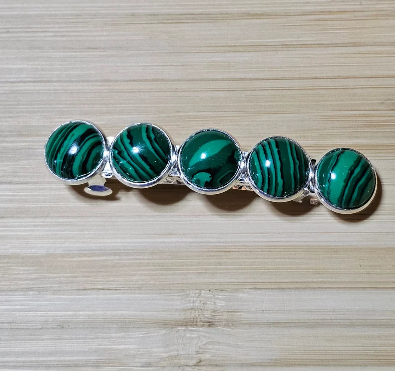 Malachite Green French Barrette - Elegant Silver Hair Clip Accessory for Weddings, Bridesmaid, Hair Jewelry, Crystal Mother's Day Gift