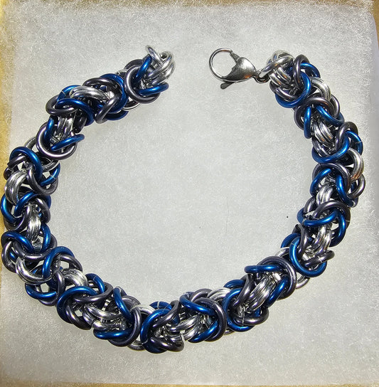 Blue, Gray and Silver Anodized Aluminum Byzantine Chainmail Bracelet