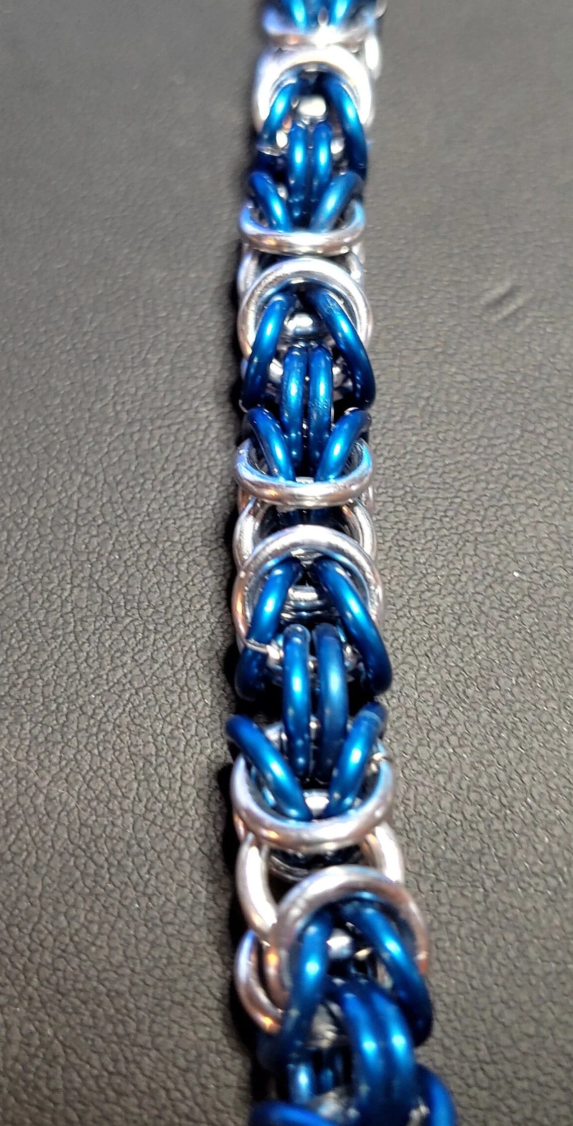 Blue and Silver Anodized Aluminum Byzantine Chainmail Bracelet