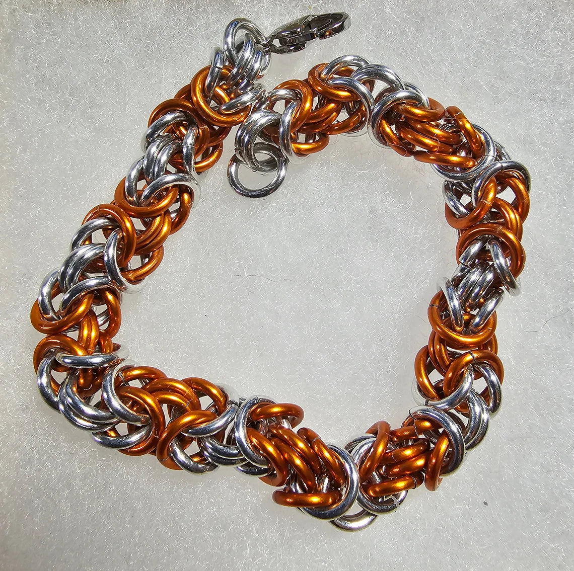 Orange and Silver Anodized Aluminum Byzantine Chainmail Bracelet