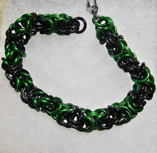Black and Green Anodized Aluminum Byzantine Chainmail Bracelet