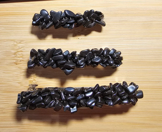 Black Hematite Wire Wrapped Crystal Chip Gemstone Barrette Hair Clip Multiple Sizes