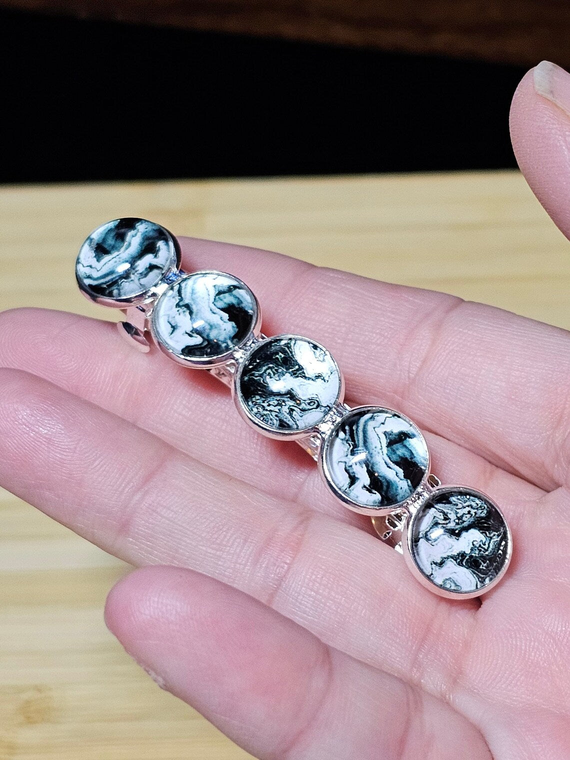 Black Marble Silver French Barrette ~ Elegant Silver Hair Clip Accessory for Weddings, Bridesmaid, Hair Jewelry, Mother's Day Gift