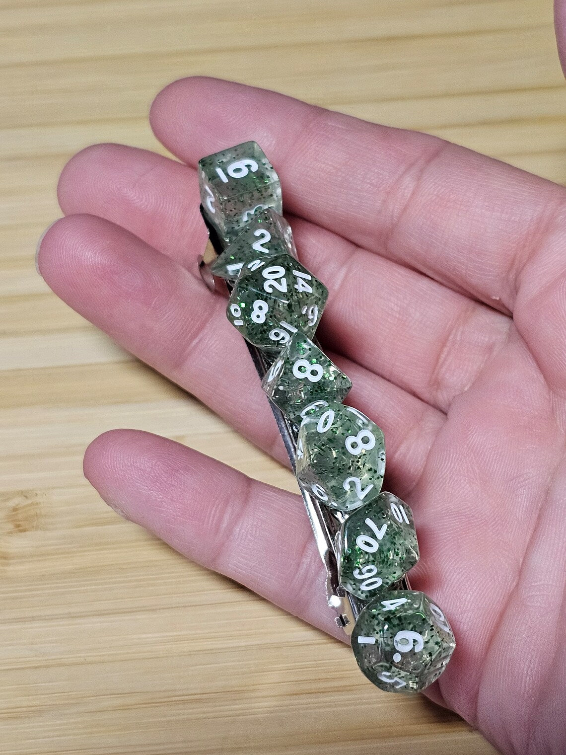 Green Sparkle Mini Polyhedral Dice Barrette, TTRPG Dice Hair Clip, DnD Hair Jewelry