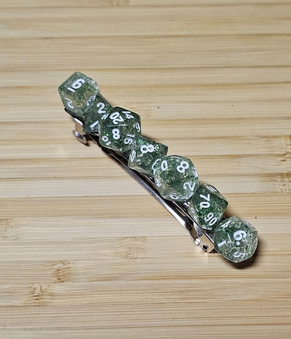 Green Sparkle Mini Polyhedral Dice Barrette, TTRPG Dice Hair Clip, DnD Hair Jewelry