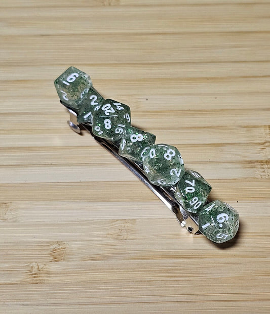 Green Sparkle Mini Polyhedral Dice Barrette, TTRPG Dice Hair Clip, DnD Hair Jewelry
