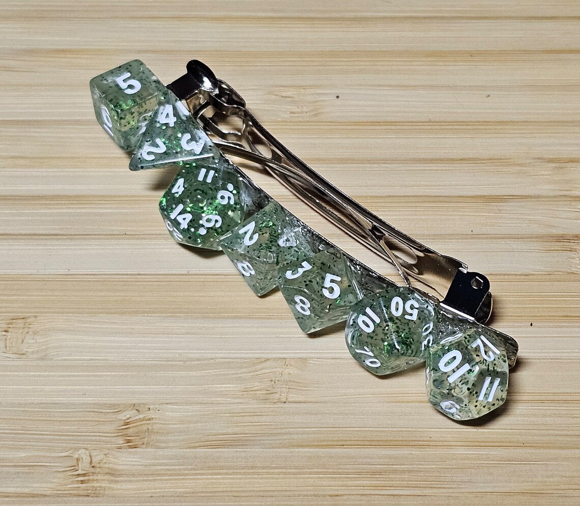 Green Sparkle Mini Polyhedral Dice Barrette, TTRPG Dice Hair Clip, DnD Hair Jewelry