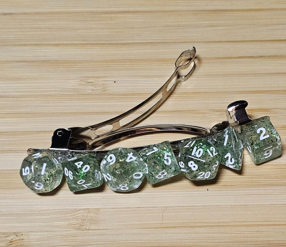 Green Sparkle Mini Polyhedral Dice Barrette, TTRPG Dice Hair Clip, DnD Hair Jewelry