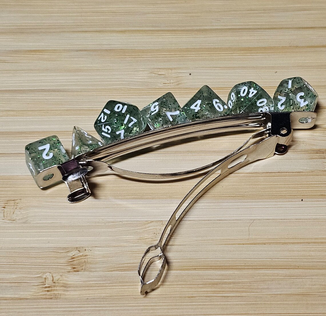Green Sparkle Mini Polyhedral Dice Barrette, TTRPG Dice Hair Clip, DnD Hair Jewelry