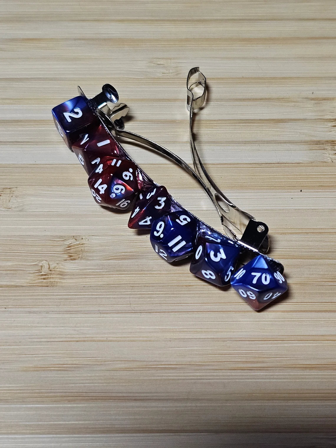 Red Blue Mini Polyhedral Dice Barrette, Unique Gamer Barrette, TTRPG Dice Hair Clip, DnD Hair Jewelry, Funky Geek Hair Accessory