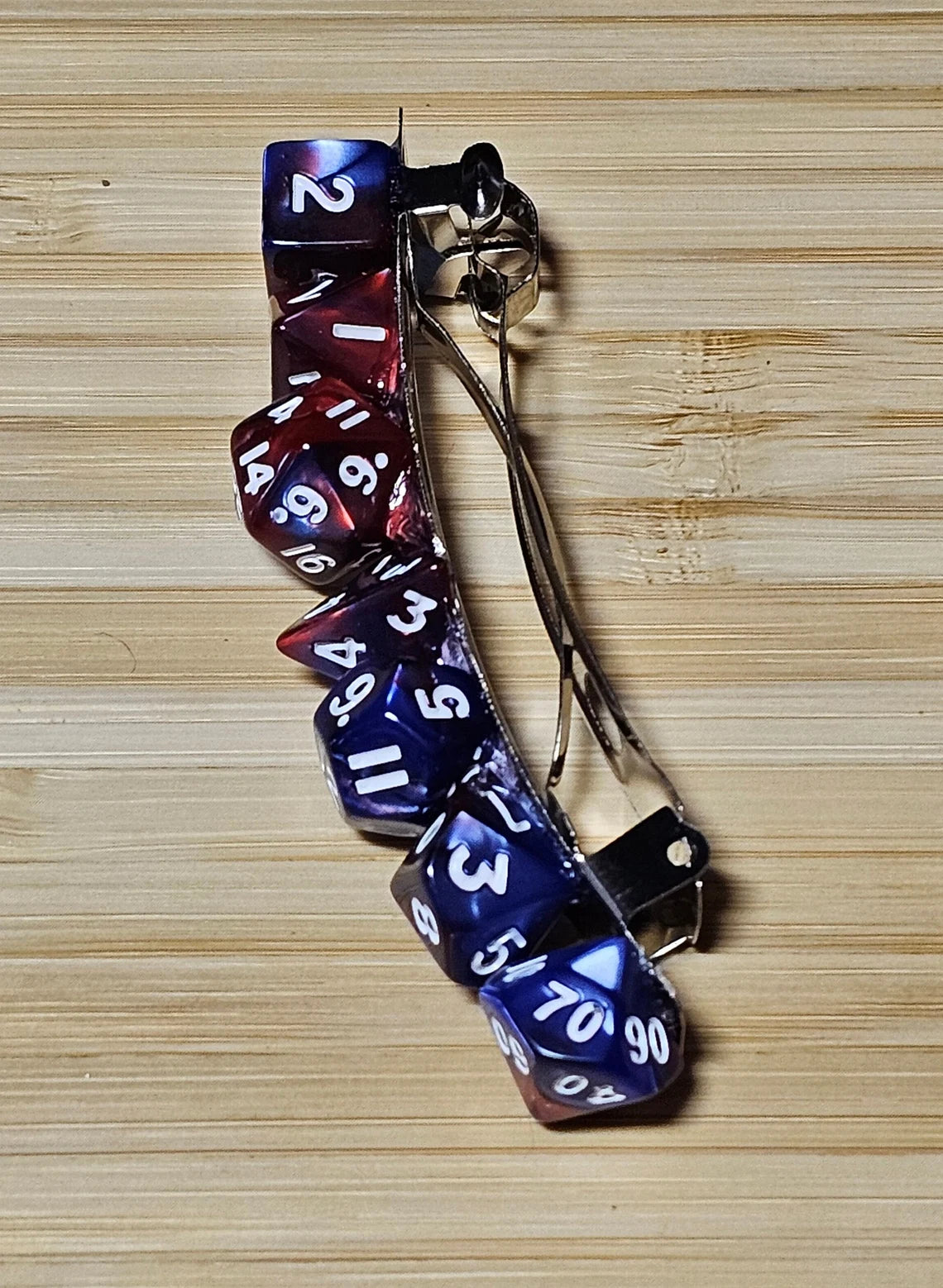 Red Blue Mini Polyhedral Dice Barrette, Unique Gamer Barrette, TTRPG Dice Hair Clip, DnD Hair Jewelry, Funky Geek Hair Accessory