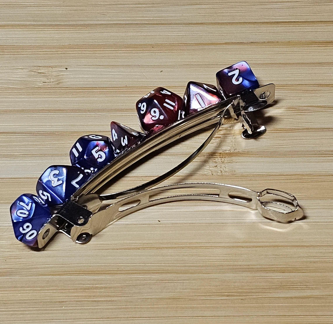 Red Blue Mini Polyhedral Dice Barrette, Unique Gamer Barrette, TTRPG Dice Hair Clip, DnD Hair Jewelry, Funky Geek Hair Accessory