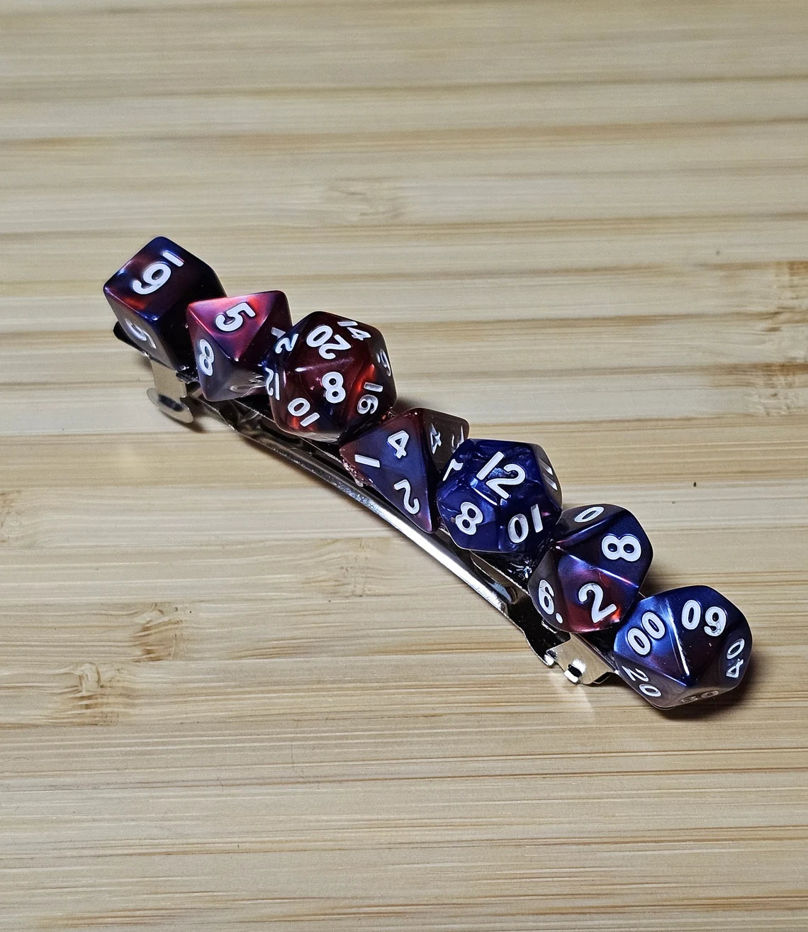 Red Blue Mini Polyhedral Dice Barrette, Unique Gamer Barrette, TTRPG Dice Hair Clip, DnD Hair Jewelry, Funky Geek Hair Accessory