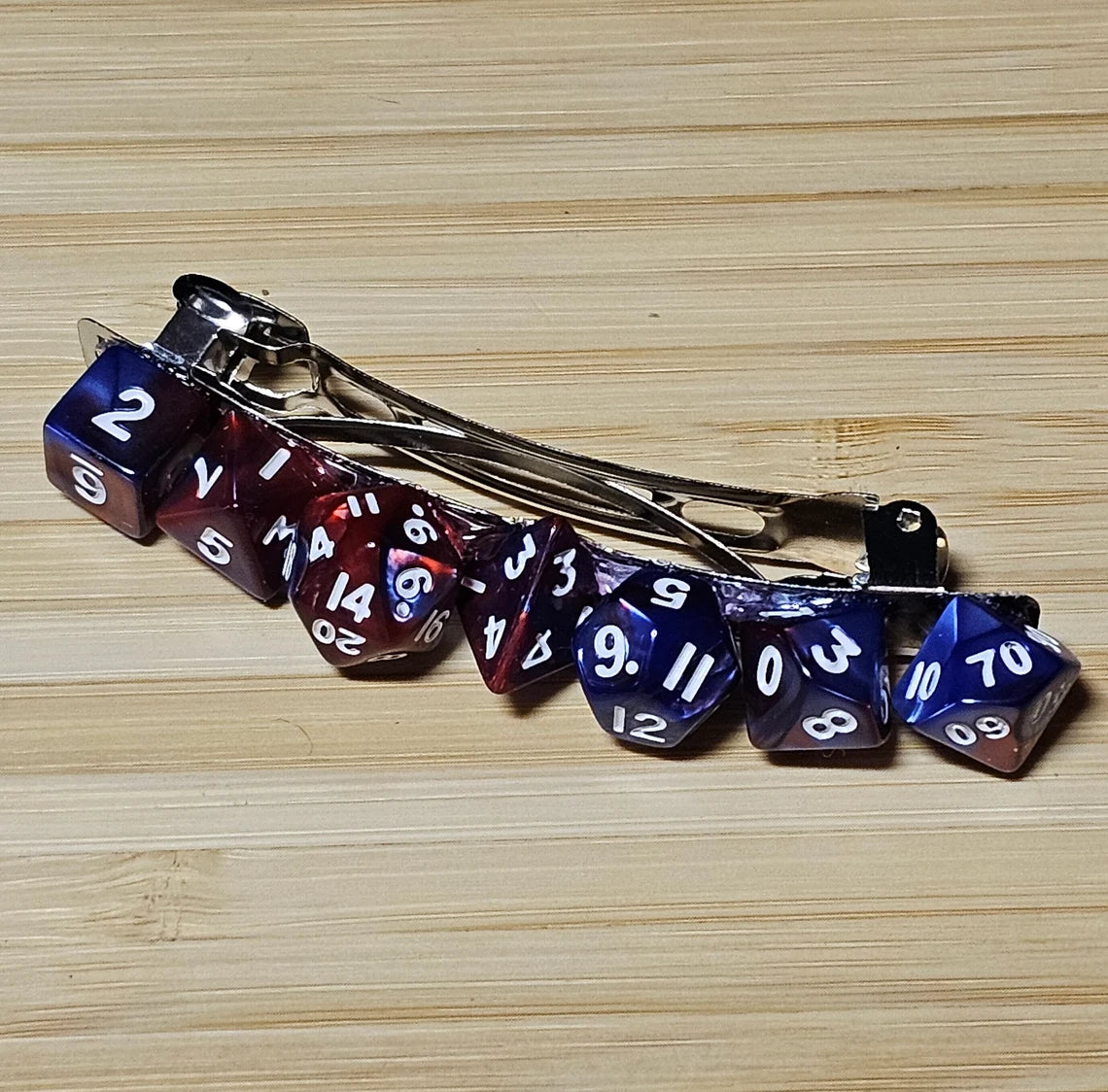 Red Blue Mini Polyhedral Dice Barrette, Unique Gamer Barrette, TTRPG Dice Hair Clip, DnD Hair Jewelry, Funky Geek Hair Accessory