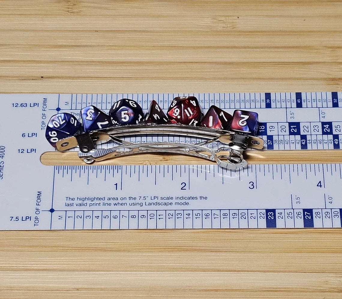 Red Blue Mini Polyhedral Dice Barrette, Unique Gamer Barrette, TTRPG Dice Hair Clip, DnD Hair Jewelry, Funky Geek Hair Accessory