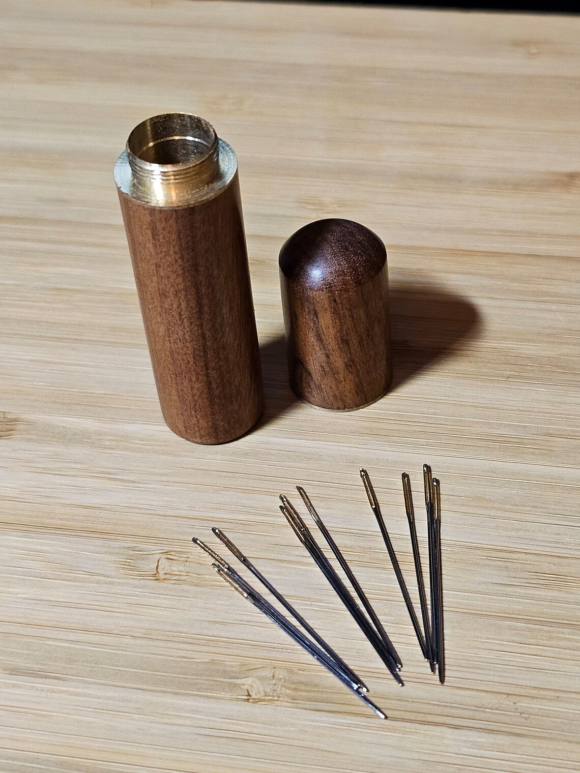 Wooden Tapestry Needle Storage Case, Brass Screw Top Round Container for Cross Stitch and Embroidery, Unique Sewing Gift