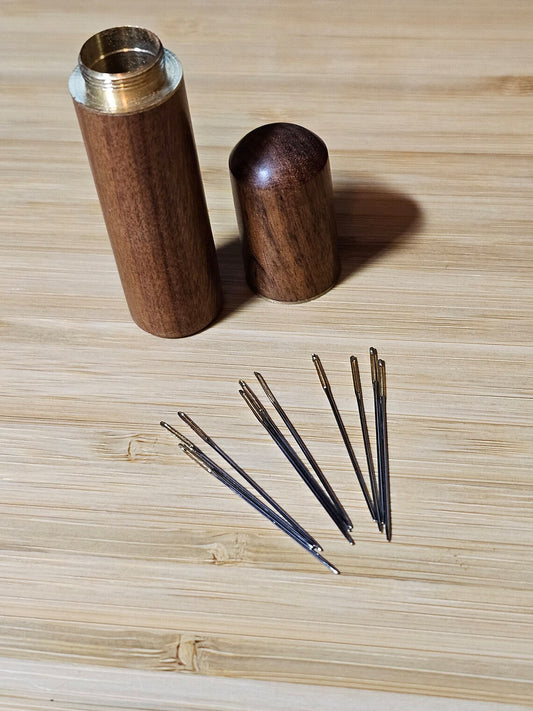 Wooden Tapestry Needle Storage Case, Brass Screw Top Round Container for Cross Stitch and Embroidery, Unique Sewing Gift