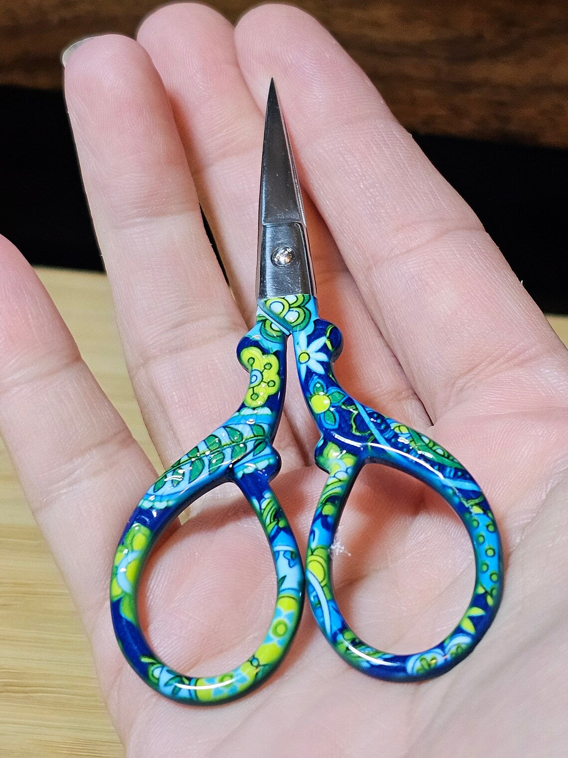 Blue Flower Embroidery Nail Scissors for Cross Stitch, Needlepoint, Knitting, Crocheting Sharp Point Blades for Sewing TSA Safe 3.6"