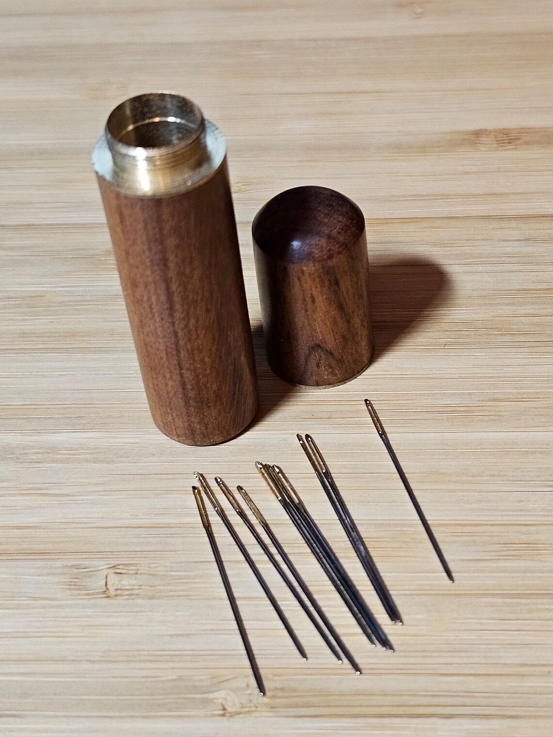 Wooden Tapestry Needle Storage Case, Brass Screw Top Round Container for Cross Stitch and Embroidery, Unique Sewing Gift