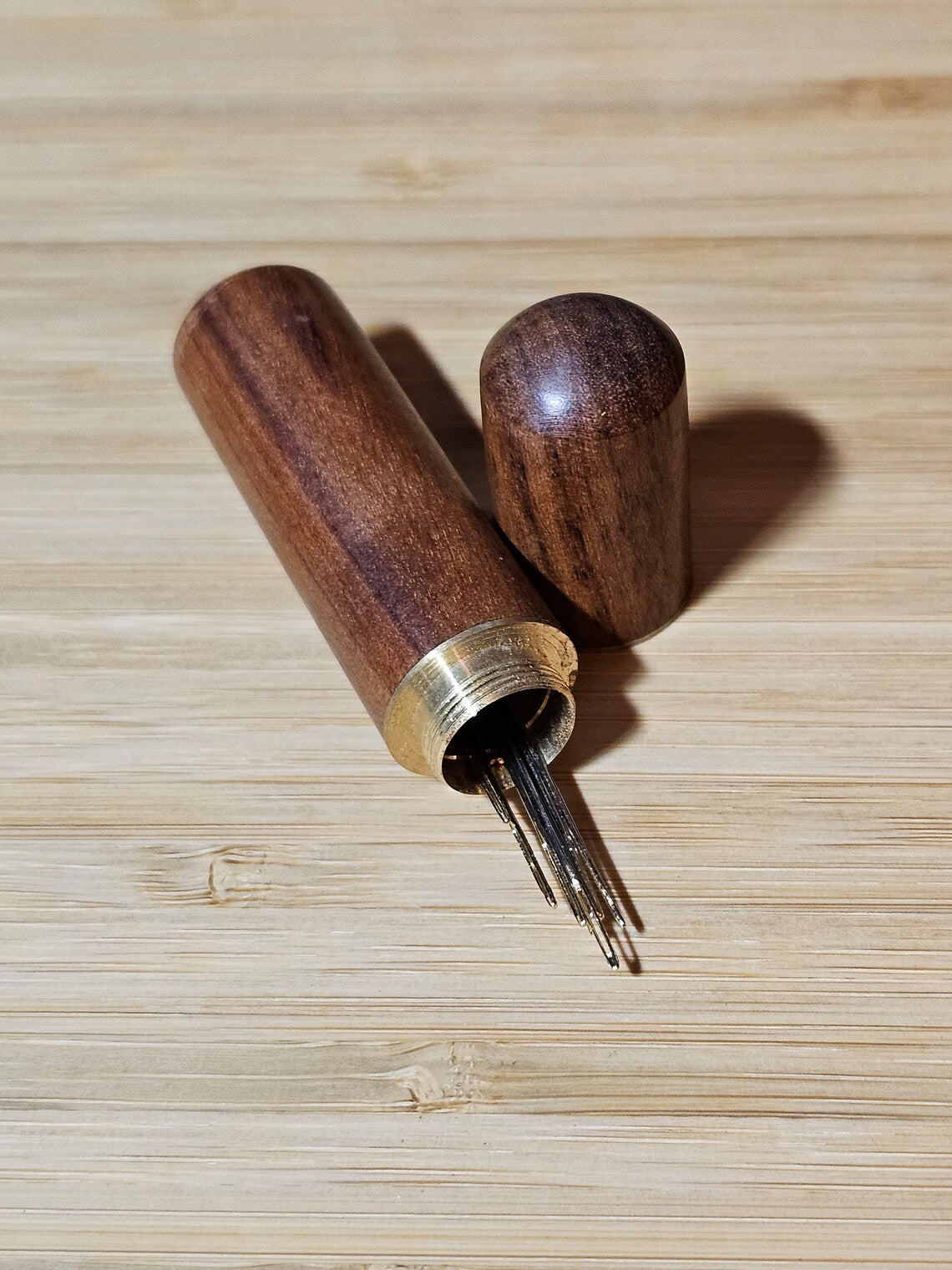 Wooden Tapestry Needle Storage Case, Brass Screw Top Round Container for Cross Stitch and Embroidery, Unique Sewing Gift