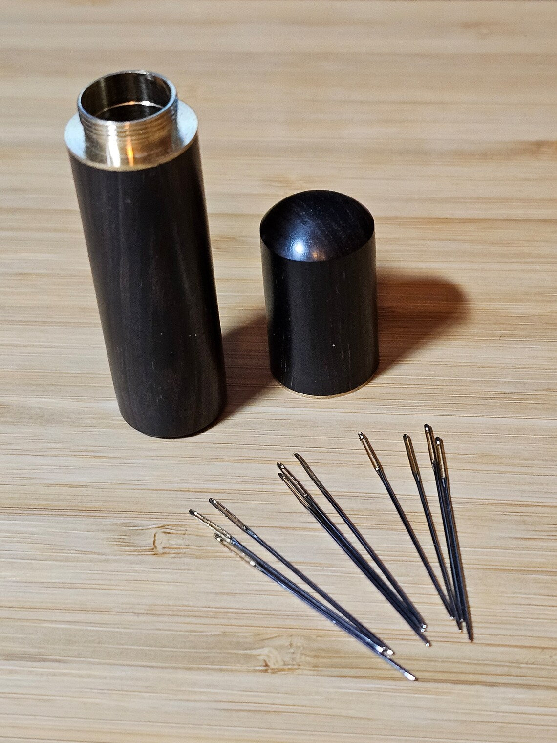 Wooden Tapestry Needle Storage Case, Brass Screw Top Round Container for Cross Stitch and Embroidery, Unique Sewing Gift