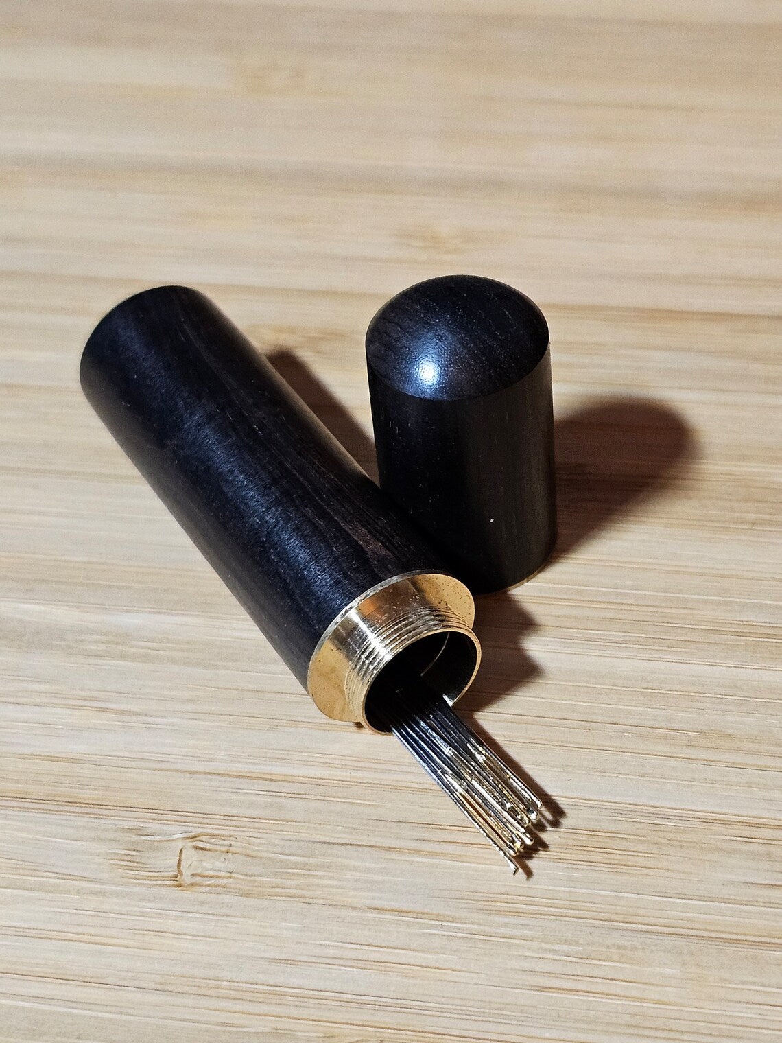 Wooden Tapestry Needle Storage Case, Brass Screw Top Round Container for Cross Stitch and Embroidery, Unique Sewing Gift