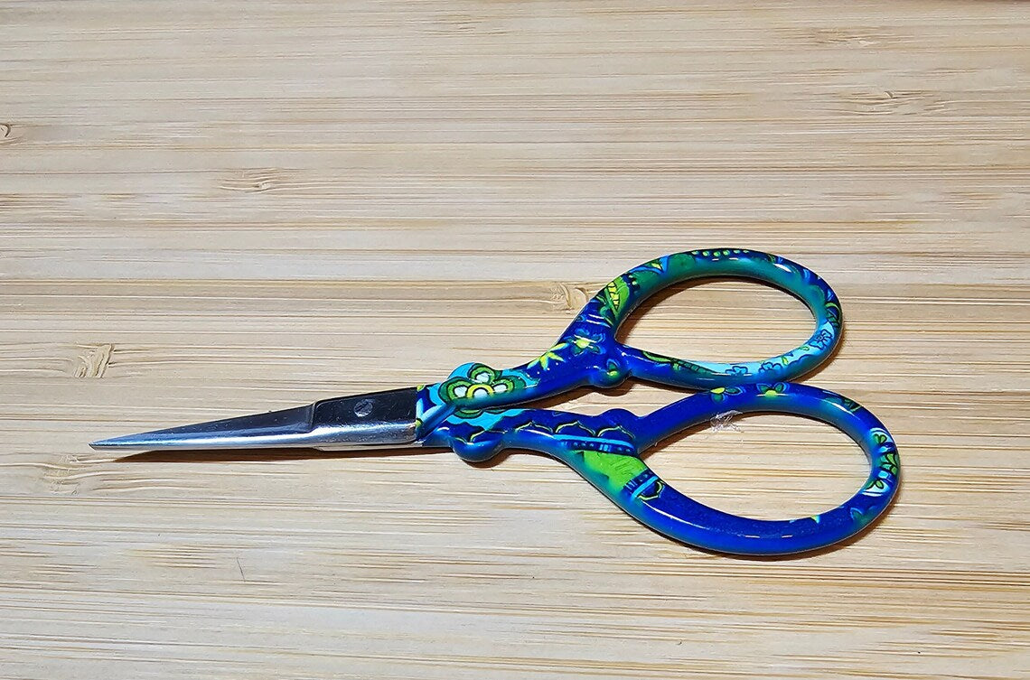 Blue Flower Embroidery Nail Scissors for Cross Stitch, Needlepoint, Knitting, Crocheting Sharp Point Blades for Sewing TSA Safe 3.6"