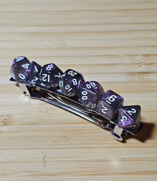 Sparkly Purple Mini Polyhedral Dice Barrette, Unique Gamer Barrette, TTRPG Dice Hair Clip, DnD Hair Jewelry, Funky Geek Hair Accessory