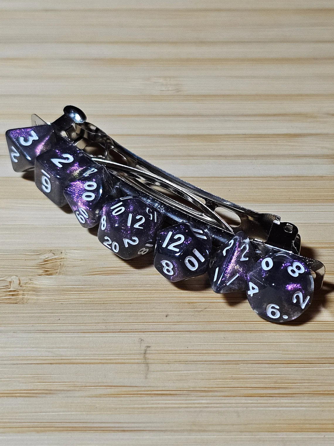 Sparkly Purple Mini Polyhedral Dice Barrette, Unique Gamer Barrette, TTRPG Dice Hair Clip, DnD Hair Jewelry, Funky Geek Hair Accessory