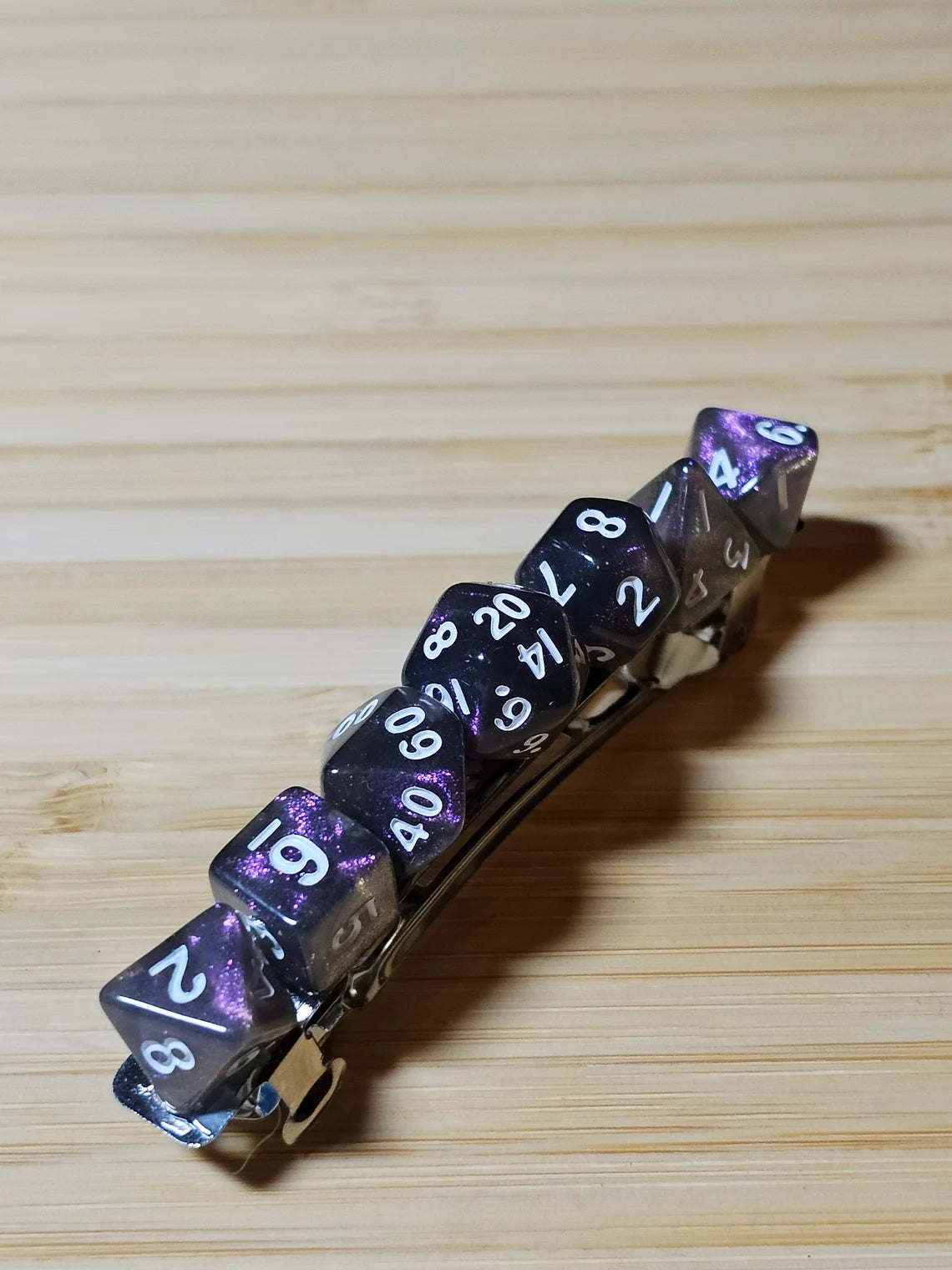 Sparkly Purple Mini Polyhedral Dice Barrette, Unique Gamer Barrette, TTRPG Dice Hair Clip, DnD Hair Jewelry, Funky Geek Hair Accessory