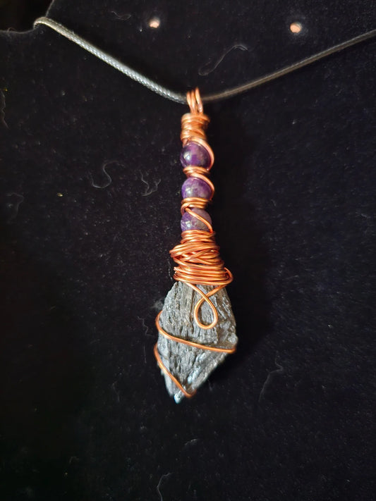 Black Kyanite and Amethyst Broom Wire Wrapped Necklace Witch Broom Pendant