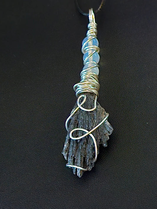Witch Broom Pendant Kyanite and Opalite Silver Wire Wrapped Necklace for Wiccan, Witchy, Halloween, Pagan, Magical Jewelry