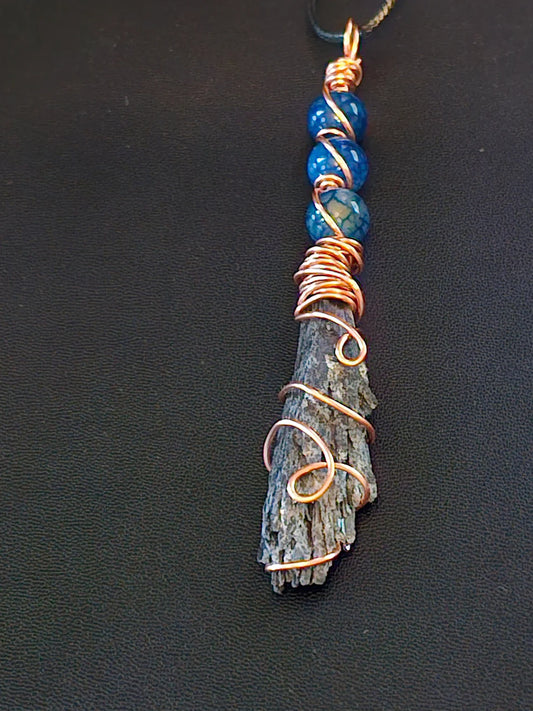 Witch Broom Pendant Black Kyanite and Blue Glass Bead Broom Wire Wrapped Necklace