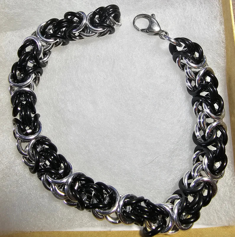 Black and Silver Anodized Aluminum Byzantine Chainmail Bracelet