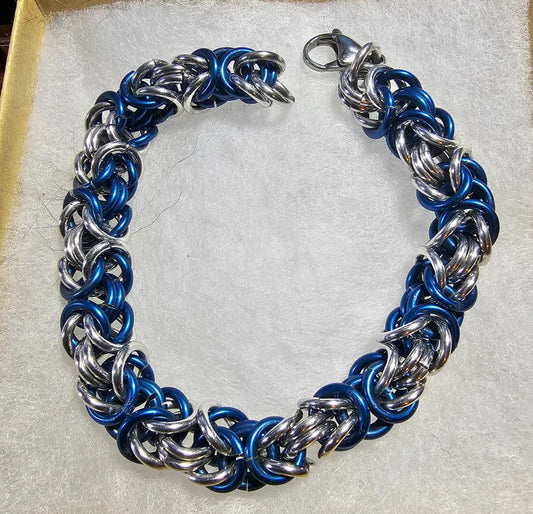 Blue and Silver Anodized Aluminum Byzantine Chainmail Bracelet