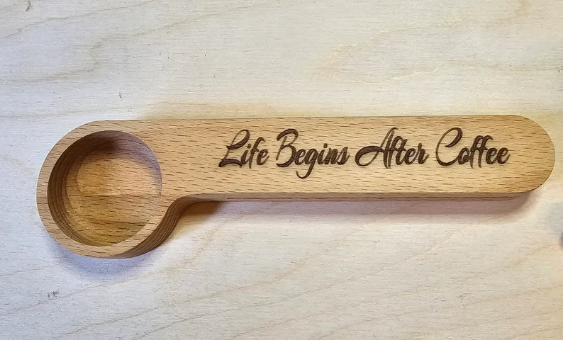 Personalized Wooden Coffee Scoop Java Bag Clip Laser Engraved with Your Saying!