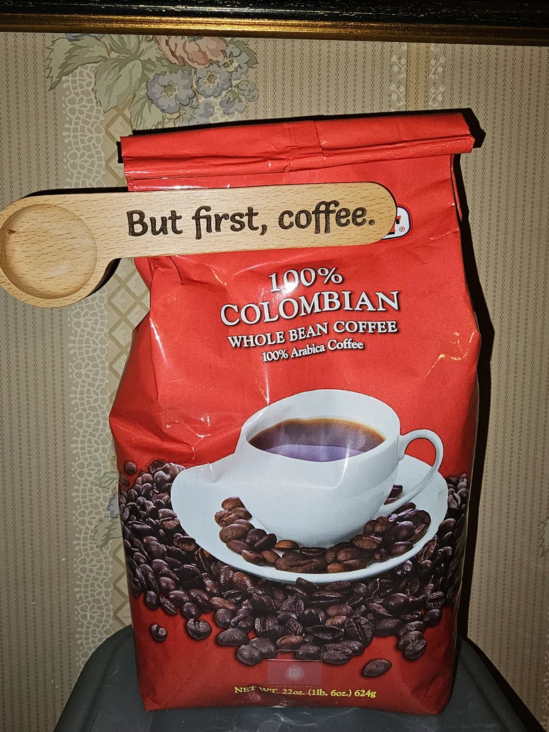 Personalized Wooden Coffee Scoop Java Bag Clip Laser Engraved with Your Saying!