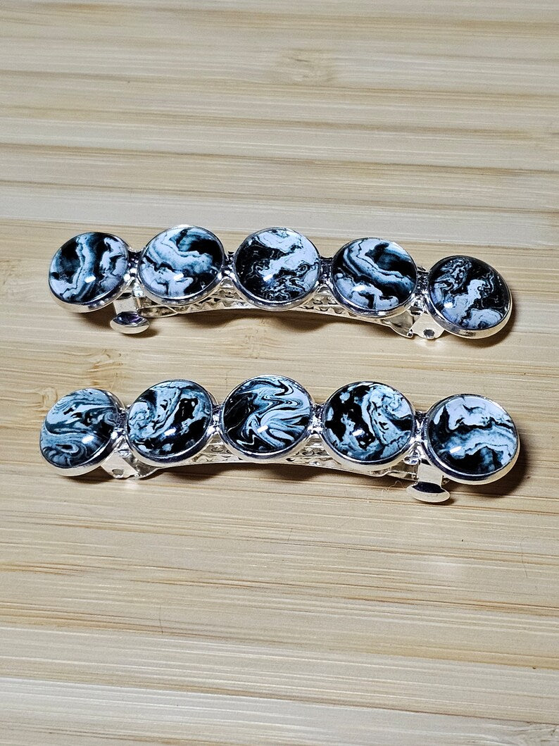 Black Marble Silver French Barrette ~ Elegant Silver Hair Clip Accessory for Weddings, Bridesmaid, Hair Jewelry, Mother's Day Gift