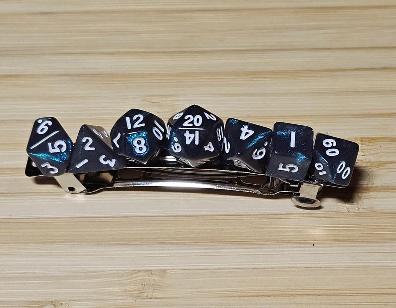 Iridescent Teal Mini Polyhedral Dice Barrette, Unique Gamer Barrette, TTRPG Dice Hair Clip, DnD Hair Jewelry, Funky Geek Hair Accessory