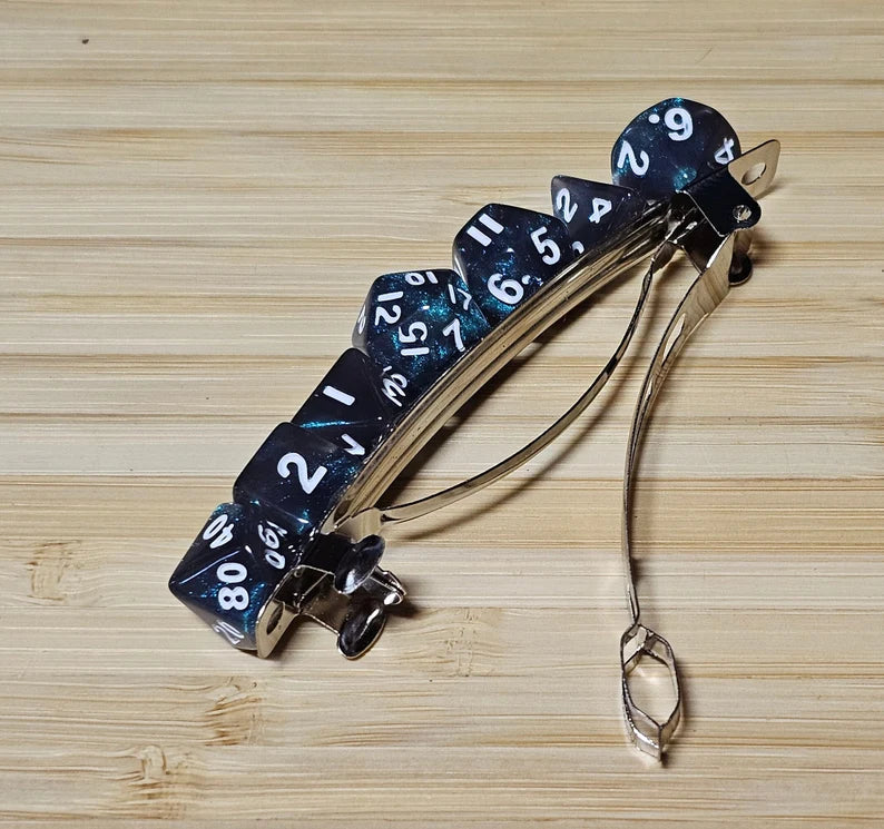 Iridescent Teal Mini Polyhedral Dice Barrette, Unique Gamer Barrette, TTRPG Dice Hair Clip, DnD Hair Jewelry, Funky Geek Hair Accessory