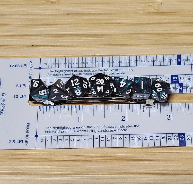 Iridescent Teal Mini Polyhedral Dice Barrette, Unique Gamer Barrette, TTRPG Dice Hair Clip, DnD Hair Jewelry, Funky Geek Hair Accessory