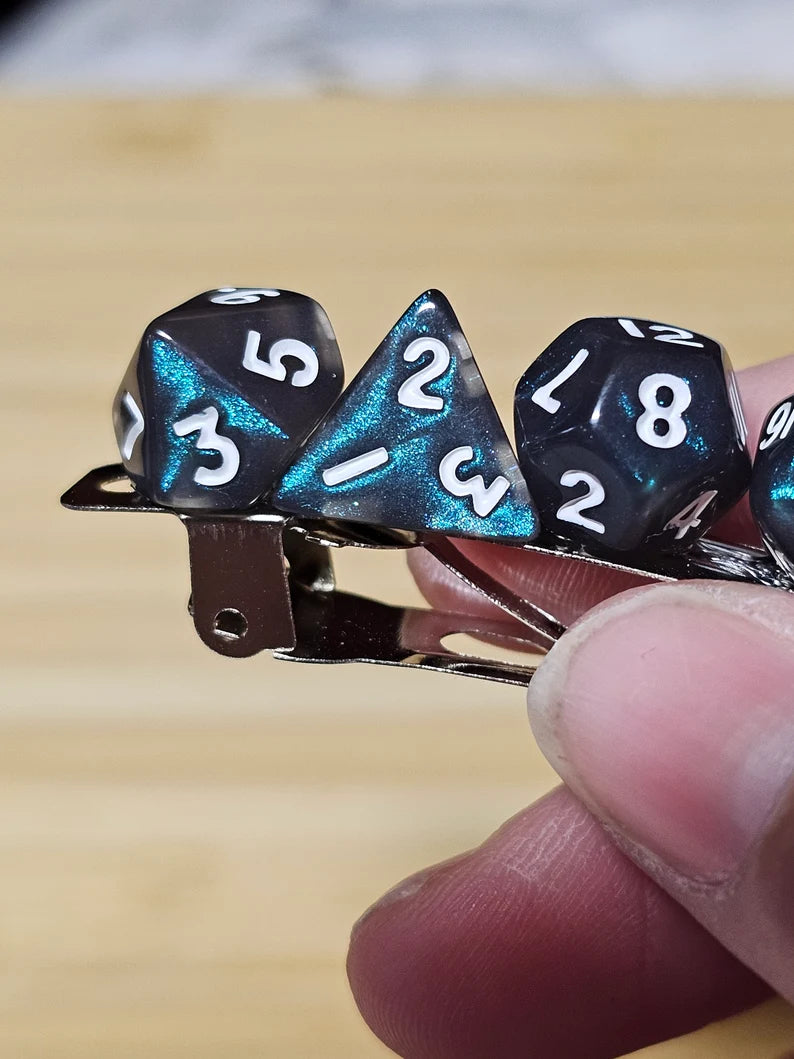 Iridescent Teal Mini Polyhedral Dice Barrette, Unique Gamer Barrette, TTRPG Dice Hair Clip, DnD Hair Jewelry, Funky Geek Hair Accessory