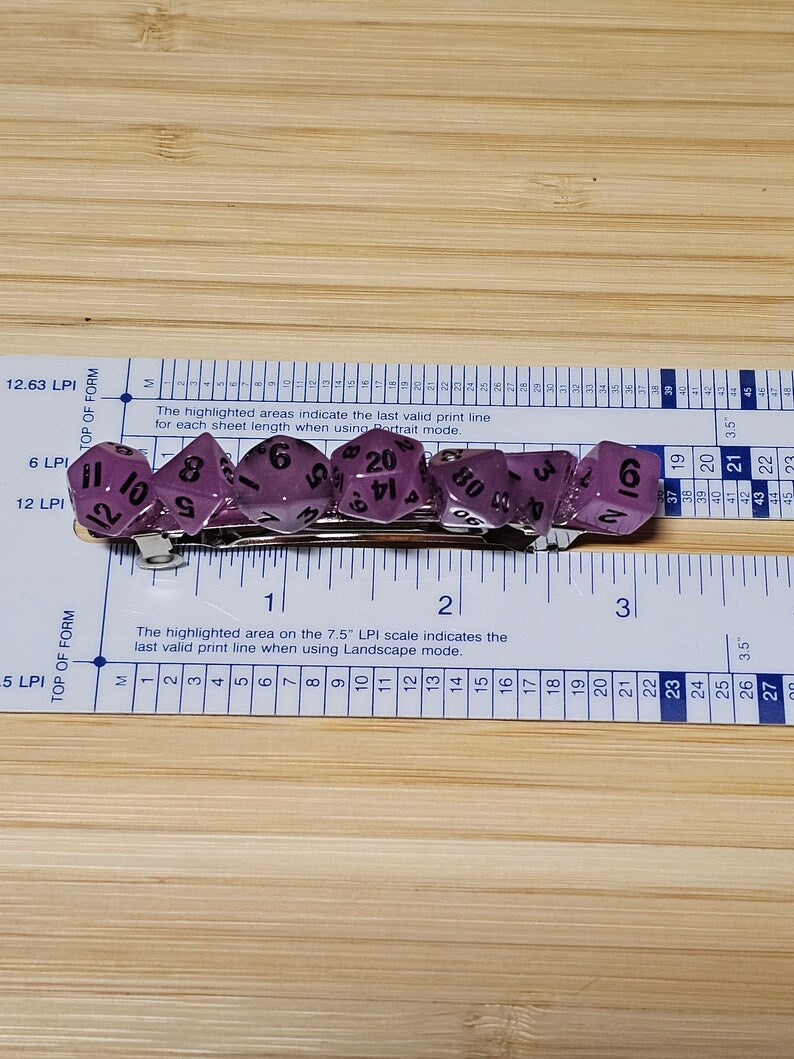 Purple Mini Polyhedral Dice Barrette, Unique Gamer Barrette, TTRPG Dice Hair Clip, DnD Hair Jewelry, Funky Geek Hair Accessory