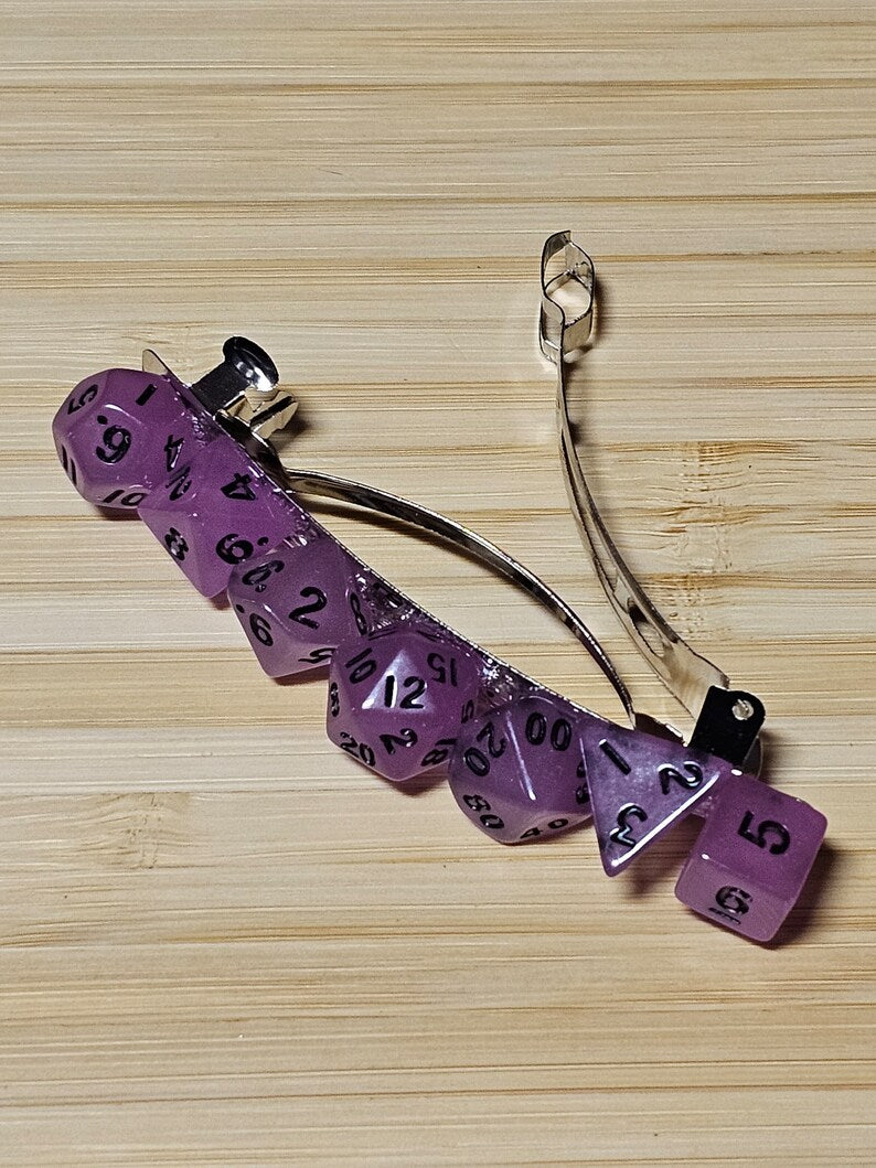 Purple Mini Polyhedral Dice Barrette, Unique Gamer Barrette, TTRPG Dice Hair Clip, DnD Hair Jewelry, Funky Geek Hair Accessory