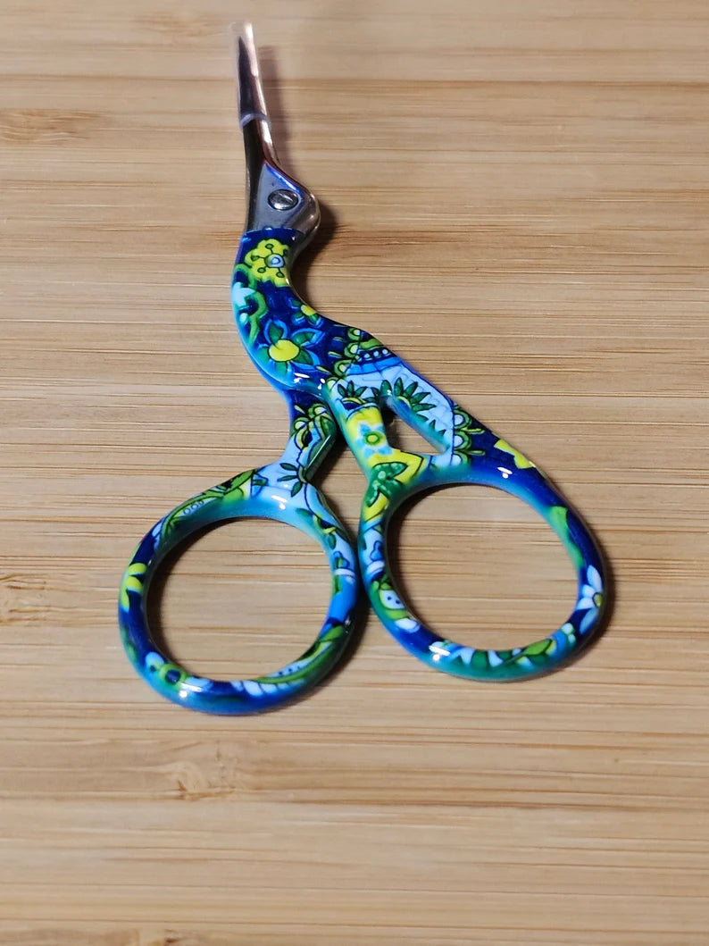 Blue Flower Crane Embroidery Scissors
