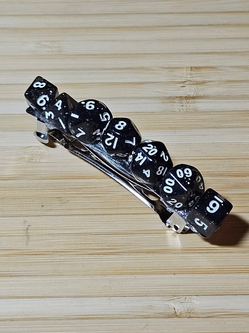 Sparkly Black Mini Polyhedral Dice Barrette, Fun Gamer Barrette, TTRPG Dice Hair Clip, DnD Hair Jewelry, Funky Geek Hair Accessory