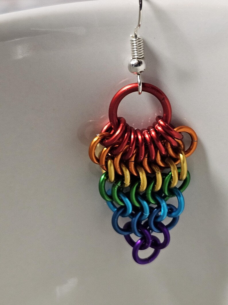 Vibrant Rainbow Pride Chainmail Earrings, Lightweight European 4-in-1 Design, LGBTQ+ Anodized Aluminum
