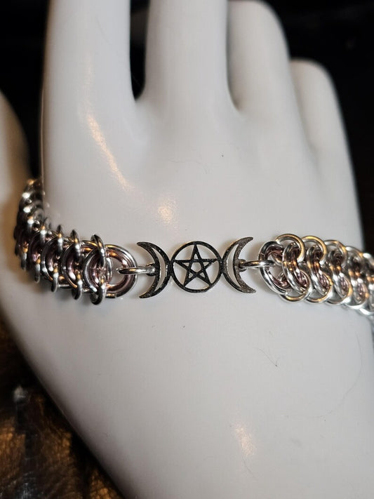 Triple Moon Goddess Vertebrae Chainmail Bracelet Custom Witchy Wiccan Jewelry